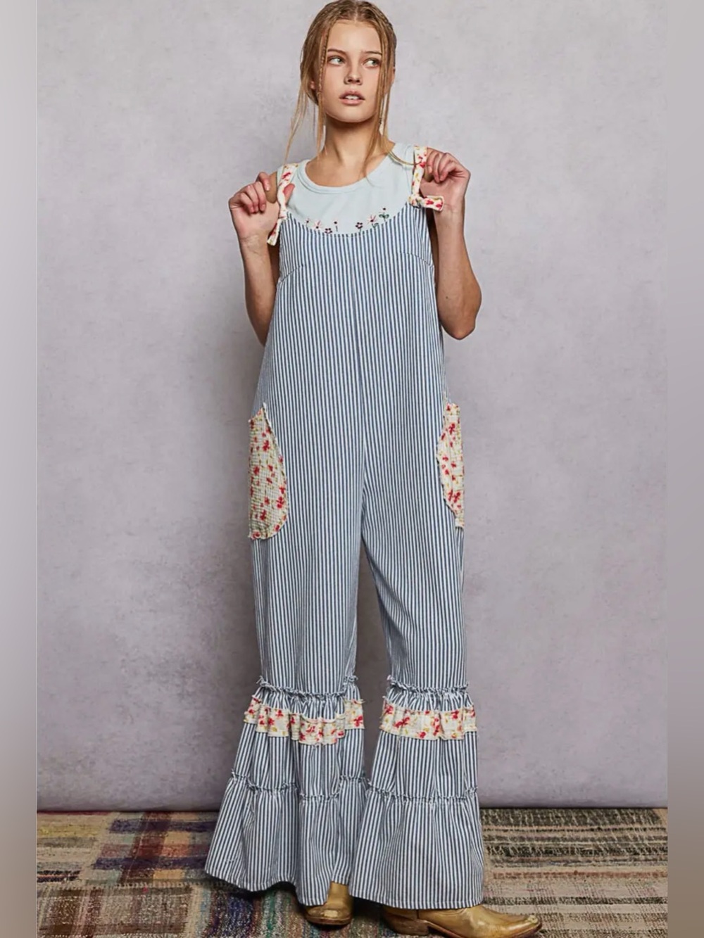 POL Blue + White Striped Floral-Pocket Ruffle Jumpsuit - Picture 2 of 9